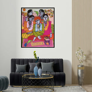 'Fortune Teller 2 (Fortune Teller)' painting by Dhan Prasad shown on a wall in a furnished room.