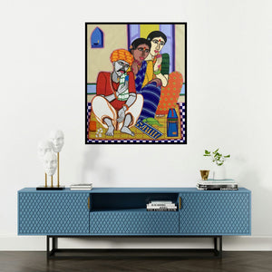 Dhan Prasad's 'Fortune Teller 3' painting visualized above a sofa in a contemporary room.