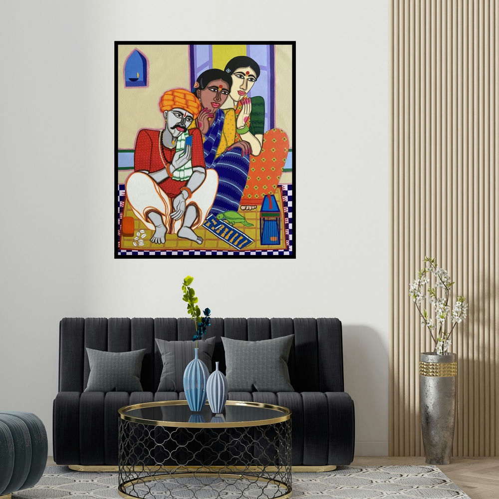'Fortune Teller 3' painting by Dhan Prasad shown on a wall in a furnished room.