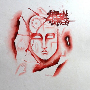 Fossil Series 5 (Unraveling Consciousness**) by Ranjith Raghupathy, Original Watercolor Figurative Painting on Paper, X-Small Vertical Wall Art