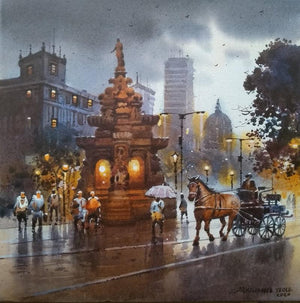 Cityscape acrylic painting titled 'Fountain', 12x12 inches, by artist NanaSaheb Yeole on Canvas