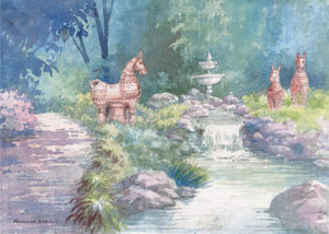 Fountain In A Park (Equine Echoes) by Sankara Babu, Original Watercolor Scenic Painting on Paper, X-Small Horizontal Wall Art