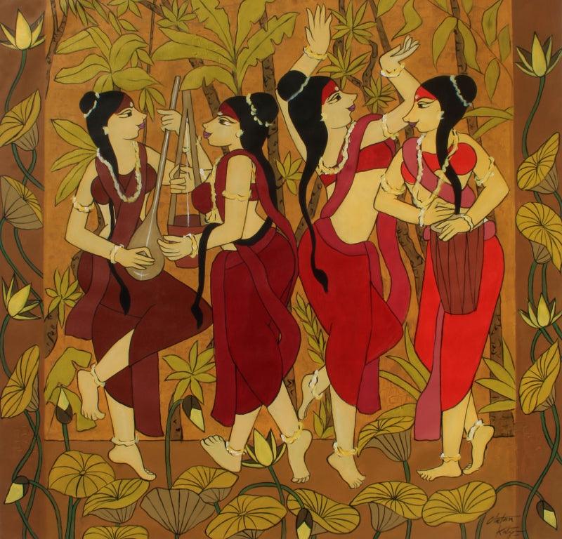 Figurative acrylic painting titled 'Four Friends', 45x45 inches, by artist Chetan Katigar on Canvas