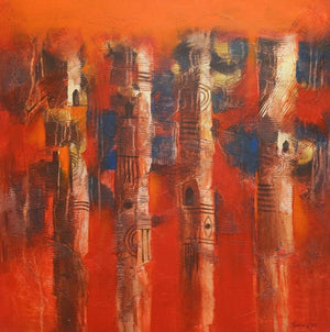 Abstract acrylic painting titled 'Four Mundas', 67x37 inches, by artist Balaji Ubale on Canvas