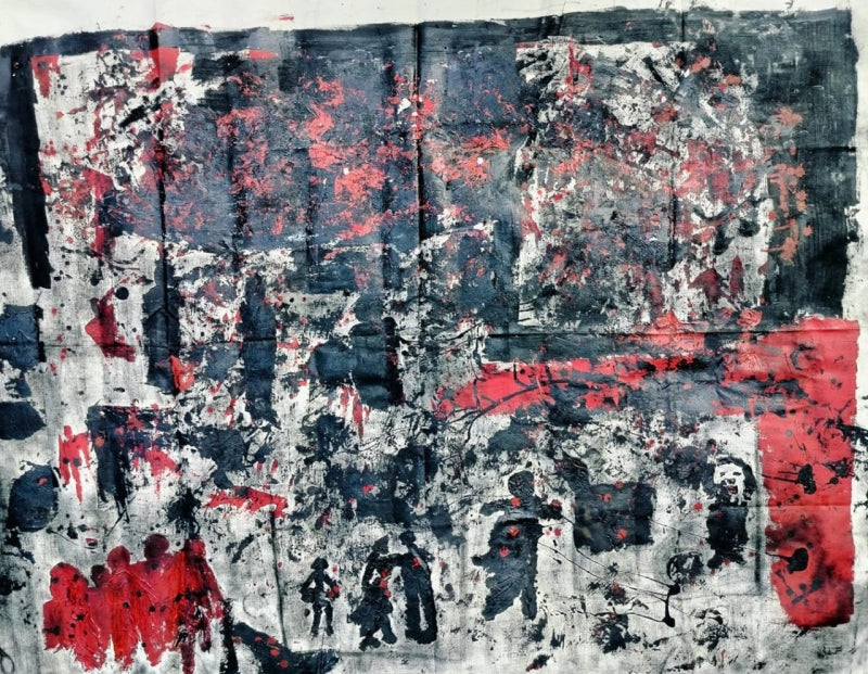 'Fragments Of Polygamy' abstract mixed-media painting by artist Shahfahad Raja, 40x65 inch, on canvas