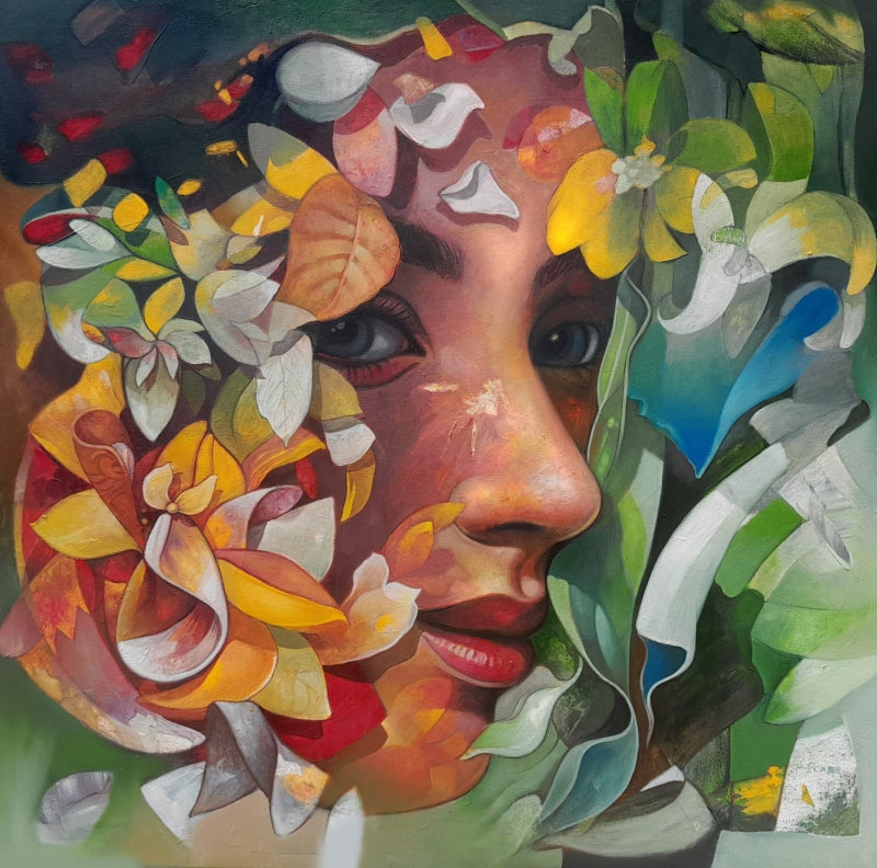 'Fragrance 1' figurative acrylic-oil painting by artist Sudhir Meher, 34x36 inch, on canvas