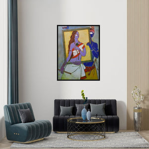 Preview of 'In A Frame 1 (In a Frame)' Painting by Santanu Nandan Dinda shown on a wall in a furnished room.