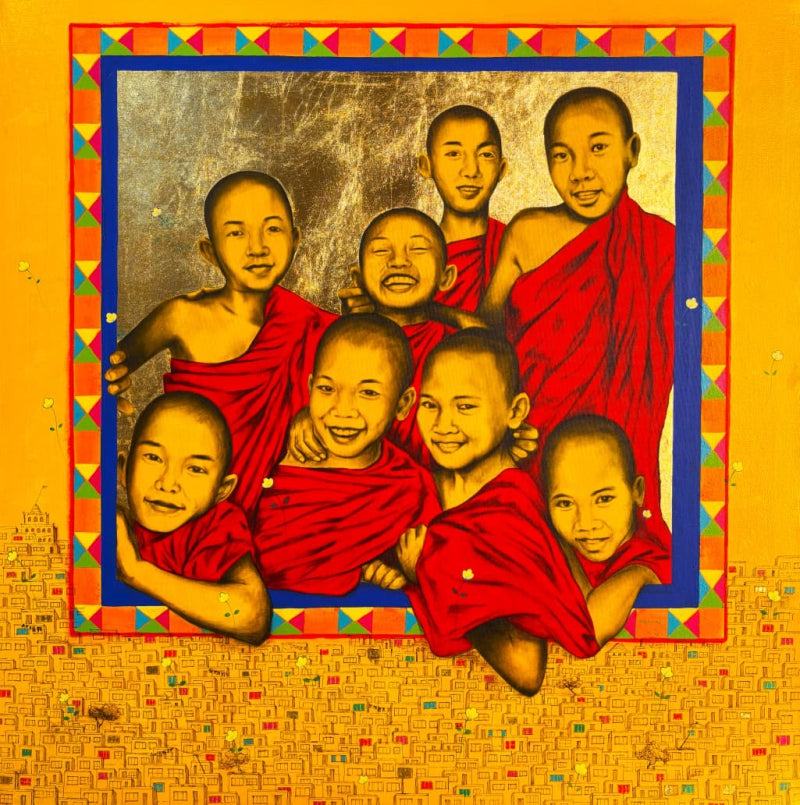 Frame Of Happiness' religious mixed-media painting by artist Yashpal Kamble, 48x48 inch, on canvas