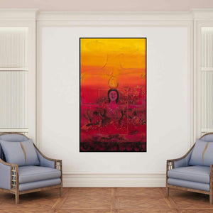 'Frame Of Life' painting by Madan Lal shown on a wall in a furnished room.