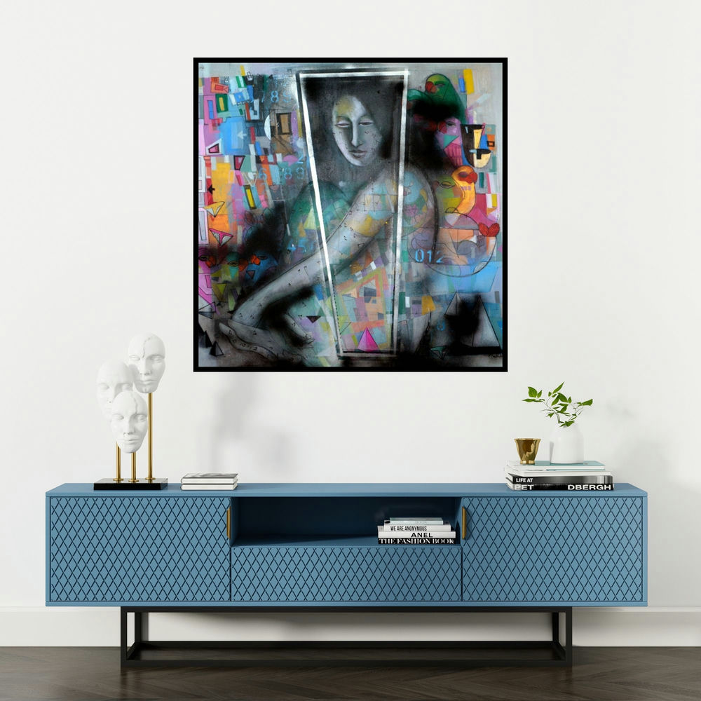 'Frame Of Life (Untitled)' painting by Madan Lal shown on a wall in a furnished room.