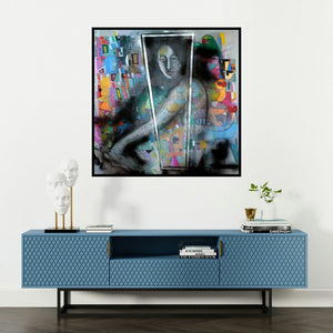 'Frame Of Life (Untitled)' painting by Madan Lal shown on a wall in a furnished room.