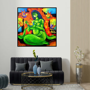 Pradip Goswami's 'Freedom (Natures Embrace)' painting visualized above a sofa in a contemporary room.