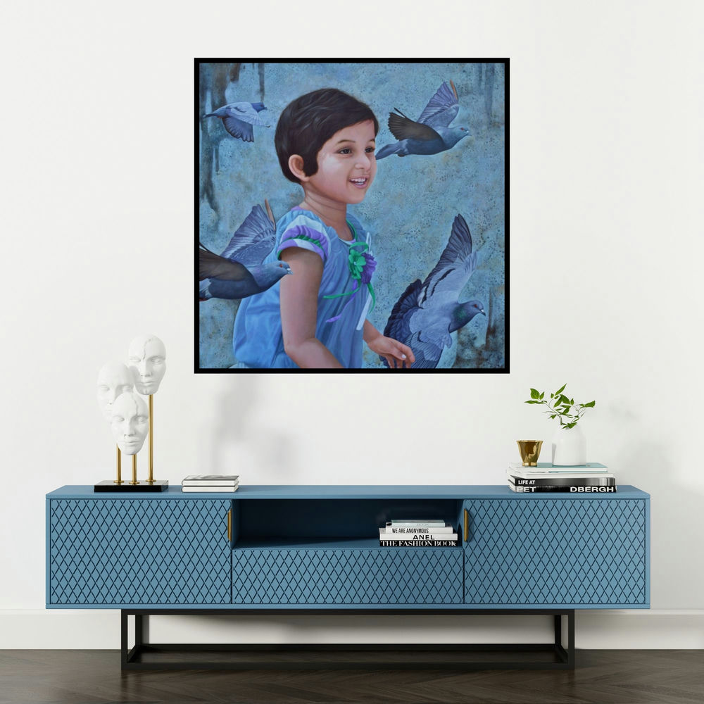 'Freedom' painting by Ramesh Das shown on a wall in a furnished room.