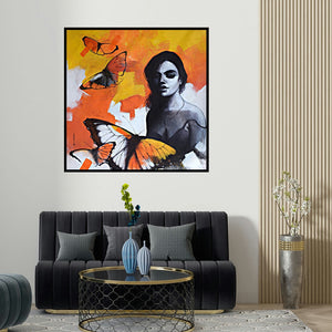 Kishore Pratim Biswas's 'Freedom Of Beauty 16' painting visualized above a sofa in a contemporary room.