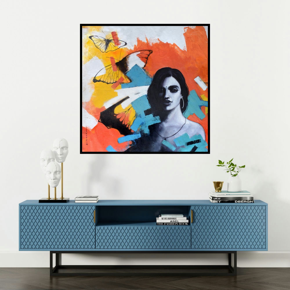 'Freedom Of Beauty18 (Freedom of Beauty)' painting by Kishore Pratim Biswas shown on a wall in a furnished room.