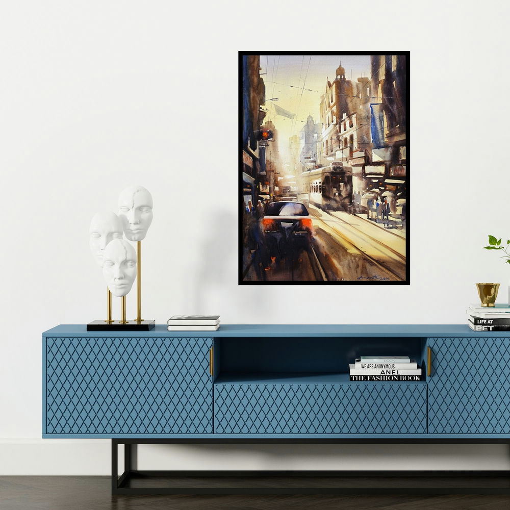 'Freedom Of Kolkata Ii' painting by Ananta Mandal shown on a wall in a furnished room.