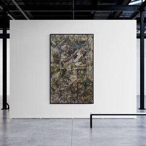 Preview of 'Fregmented 2 (Abstract Barber Shop)' Painting by Rajdeep Das shown on a wall in a furnished room.