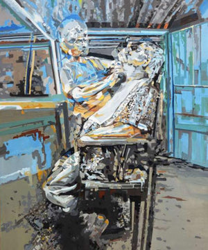 Fregmented (The Barber's Chair) by Rajdeep Das, Original Acrylic Figurative Painting on Canvas, Medium Vertical Wall Art
