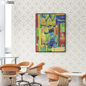 In-situ view of Rajdeep Das's 'Fregmented Life (Street Vendor)' painting in a room