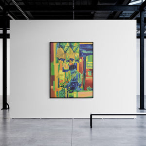 Rajdeep Das's painting 'Fregmented Life (Street Vendor)' displayed in a modern living room setting