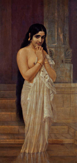 Fresh From Bath (The Fated Meeting of Nala and Damayanti) by Raja Ravi Varma, Print Oil Figurative Painting on Canvas, X-Small Vertical Wall Art