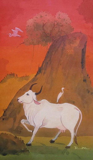 Friend (Serene Landscape) by Rina Roy, Original Watercolor Animal Painting on Paper, Small Vertical Wall Art