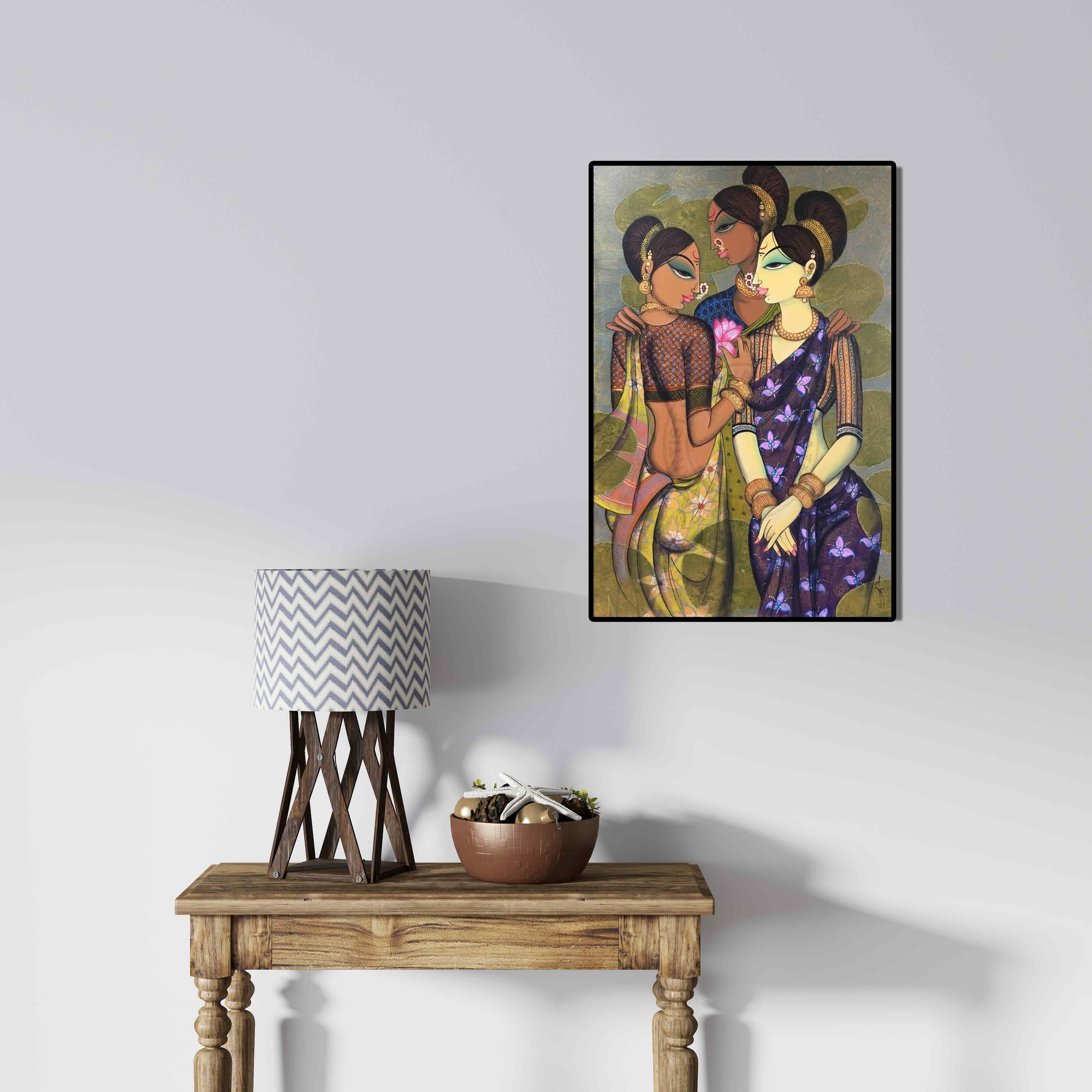 In-situ view of Varsha Kharatamal's 'Friends' painting in a room