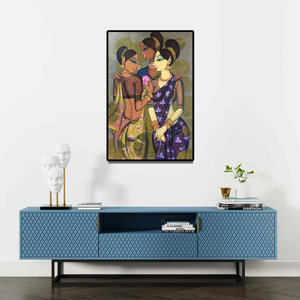 Preview of 'Friends' Painting by Varsha Kharatamal shown on a wall in a furnished room.