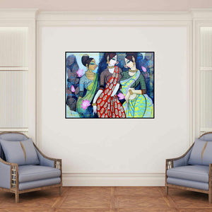 'Friends 2' painting by Varsha Kharatamal shown on a wall in a furnished room.