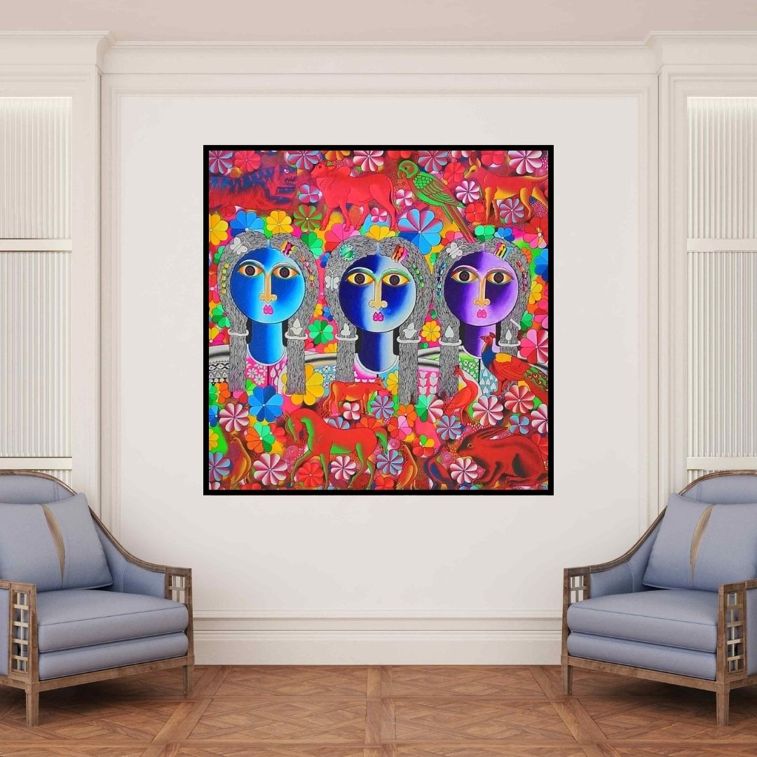 In-situ view of Ravi Kattakuri's 'Friends (Vibrant Folk Art Portrait)' painting in a room