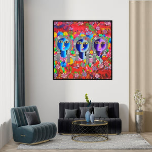Preview of 'Friends (Vibrant Folk Art Portrait)' Painting by Ravi Kattakuri shown on a wall in a furnished room.
