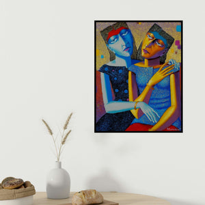 Dayanand Kamakar's 'Friends (Two Women)' painting visualized above a sofa in a contemporary room.