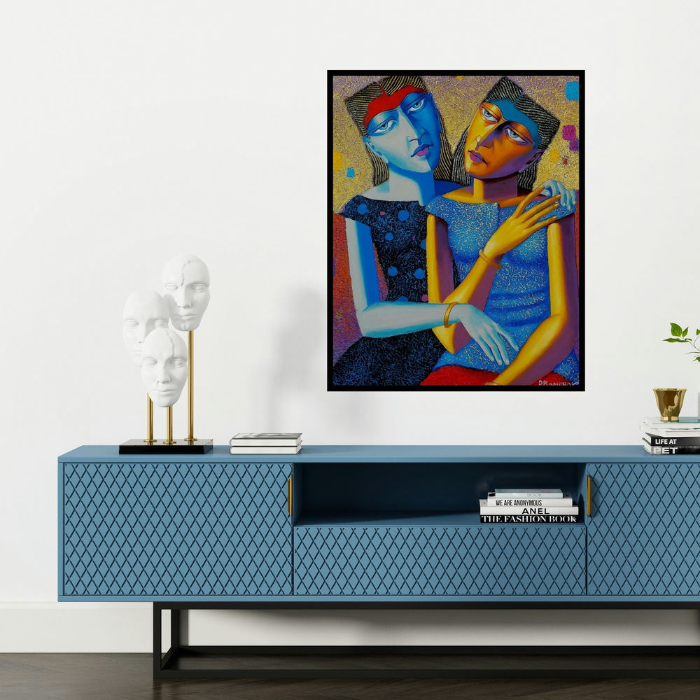 'Friends (Two Women)' painting by Dayanand Kamakar shown on a wall in a furnished room.