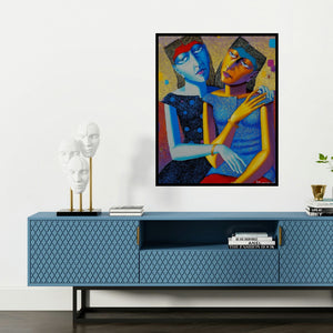 'Friends (Two Women)' painting by Dayanand Kamakar shown on a wall in a furnished room.