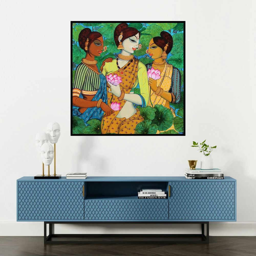 'Friends And Lotus' painting by Varsha Kharatamal shown on a wall in a furnished room.