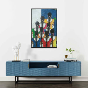 Preview of 'Friends Iii' Painting by Kappari Kishan shown on a wall in a furnished room.