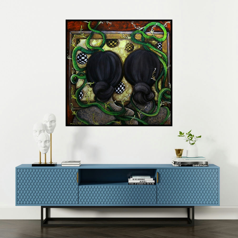 'Friendship' painting by Shaista Momin shown on a wall in a furnished room.