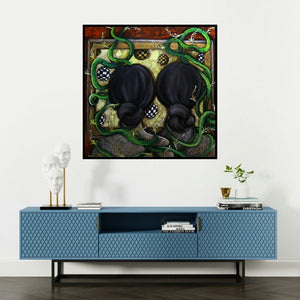 'Friendship' painting by Shaista Momin shown on a wall in a furnished room.