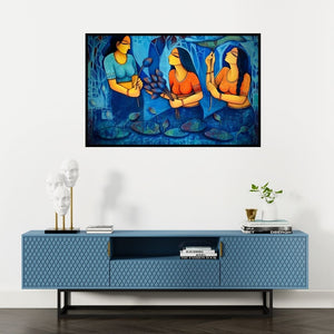 Preview of 'Friendship (Vibrant Harmony**)' Painting by Mousumi Mukherjee shown on a wall in a furnished room.