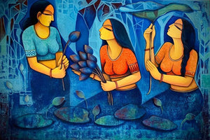 Figurative acrylic painting titled 'Friendship', 24x36 inches, by artist Mousumi Mukherjee on Canvas