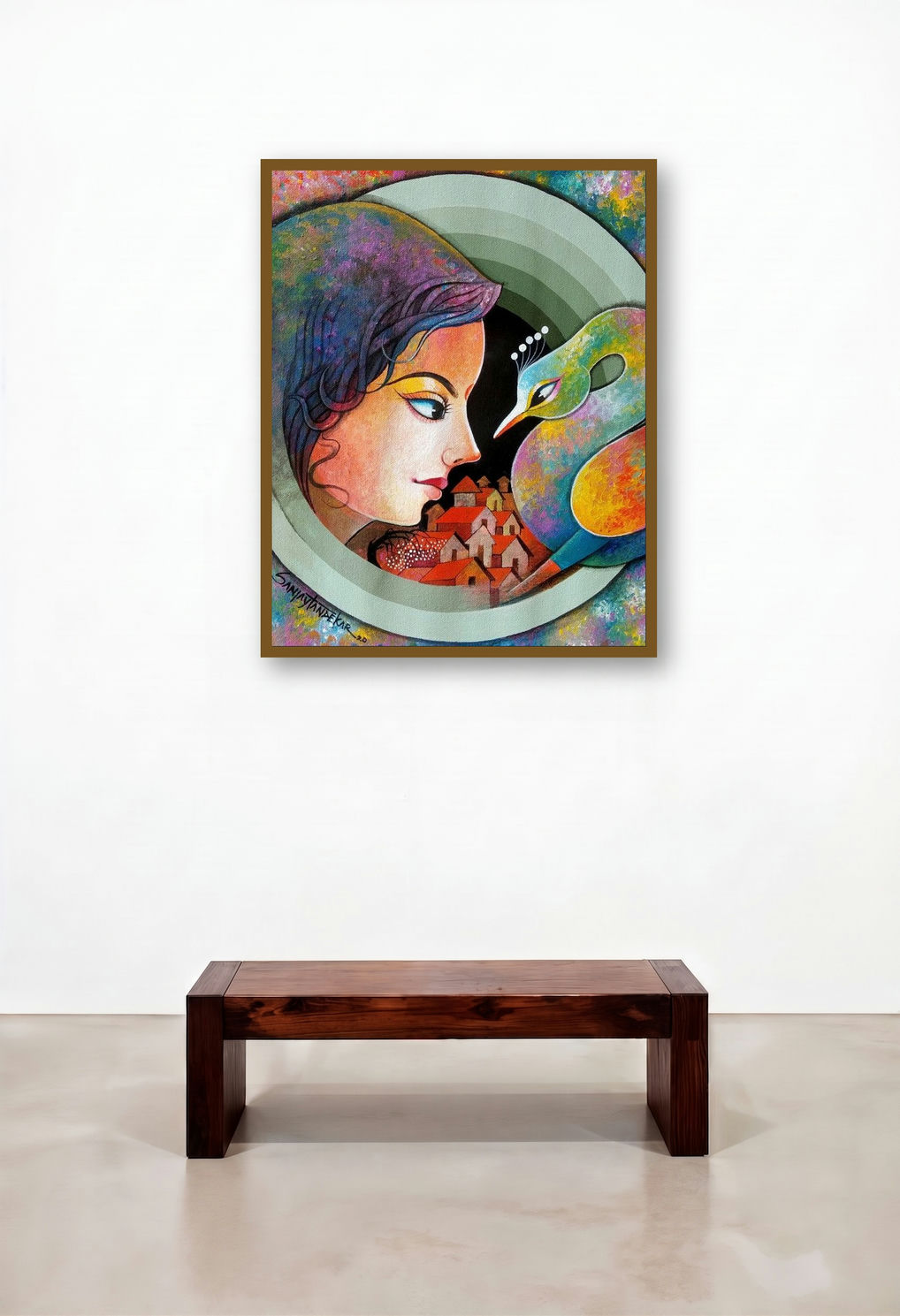 Friendship 5 (Woman and Peacock) by artist Sanjay Tandekar displayed in a Contemporary Luxury Hotel Lobby