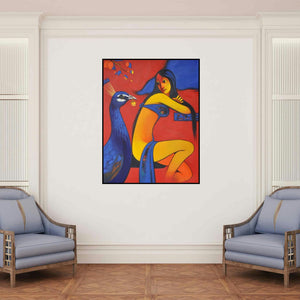 'Friendship' painting by Navnath Chobhe shown on a wall in a furnished room.