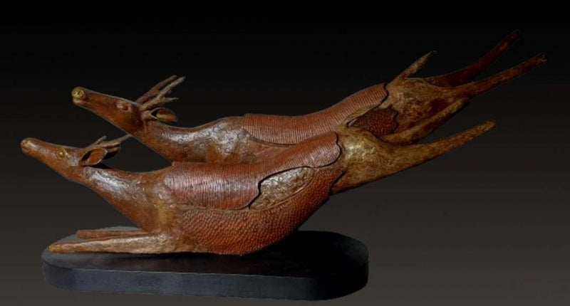 Friendship' animals Bronze, Wood sculpture by artist Subrata Paul, 24x48 inch, on bronze, wood