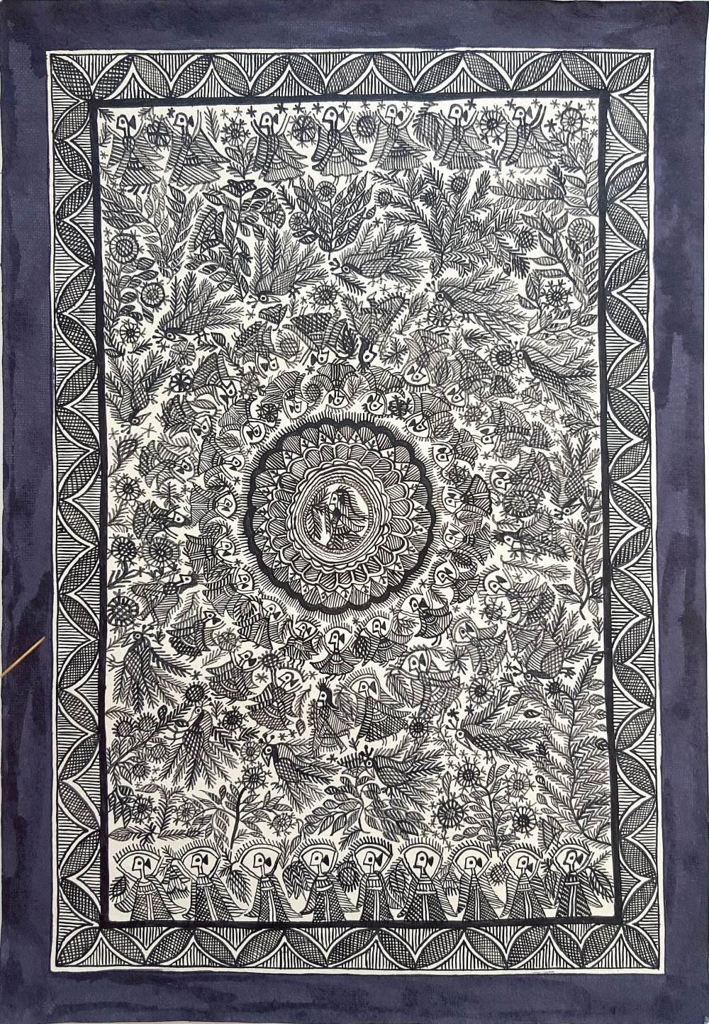 Folk Art madhubani traditional art titled 'Frolic At Vrindavan', 23x15 inches, by artist Urmila Devi on Handmade Paper