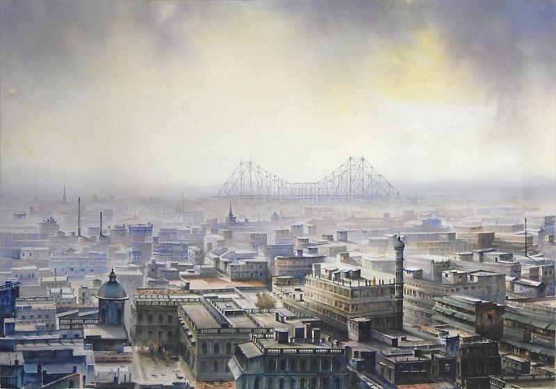 Cityscape watercolor painting titled 'From Tenth Floor', 30x43 inches, by artist Arup Lodh on Canson Paper