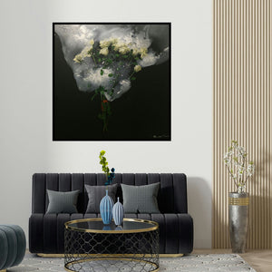 Bhaskar Mandolu's 'Frozen Love (Ephemeral Beauty)' painting visualized above a sofa in a contemporary room.