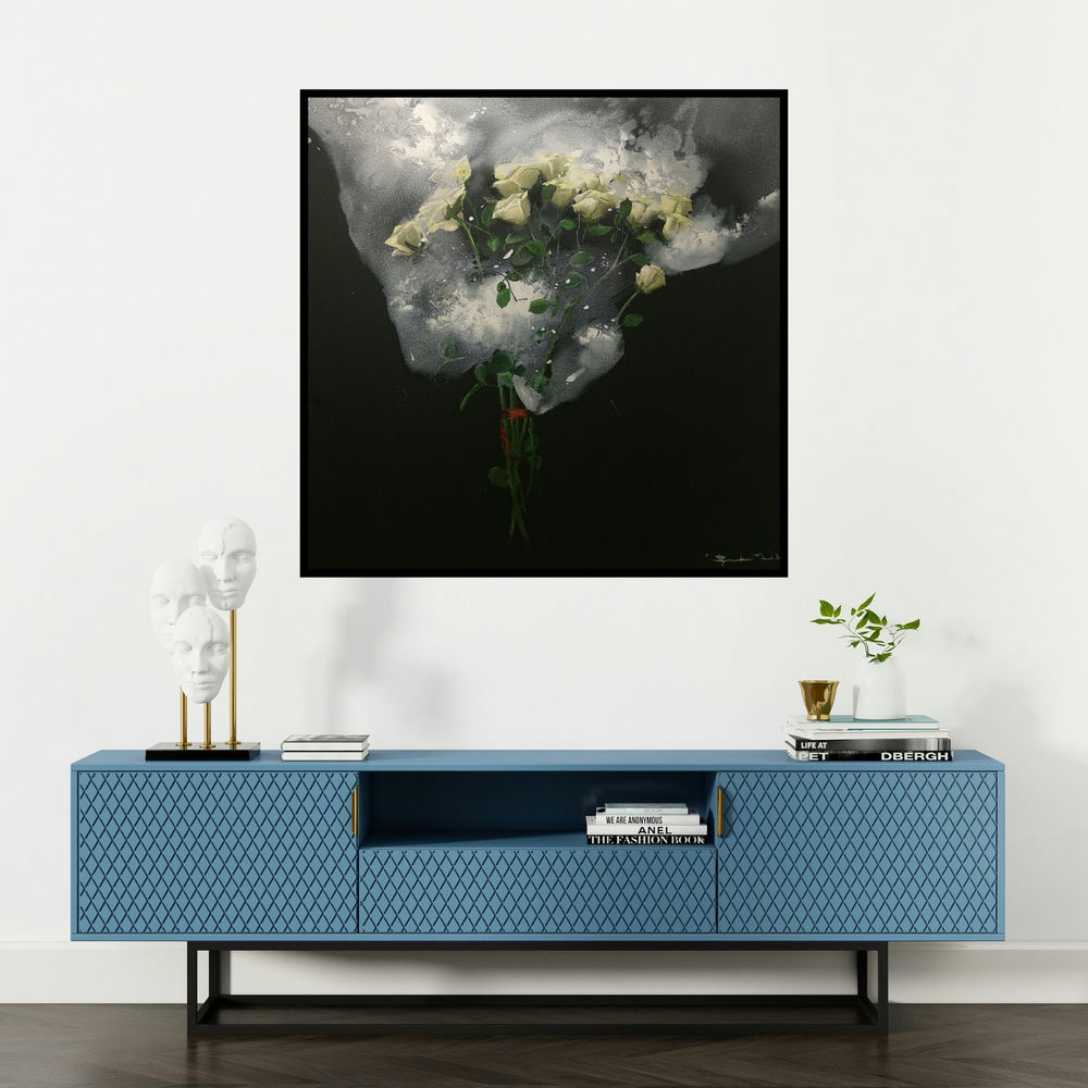 'Frozen Love (Ephemeral Beauty)' painting by Bhaskar Mandolu shown on a wall in a furnished room.