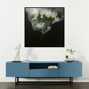 'Frozen Love (Ephemeral Beauty)' painting by Bhaskar Mandolu shown on a wall in a furnished room.