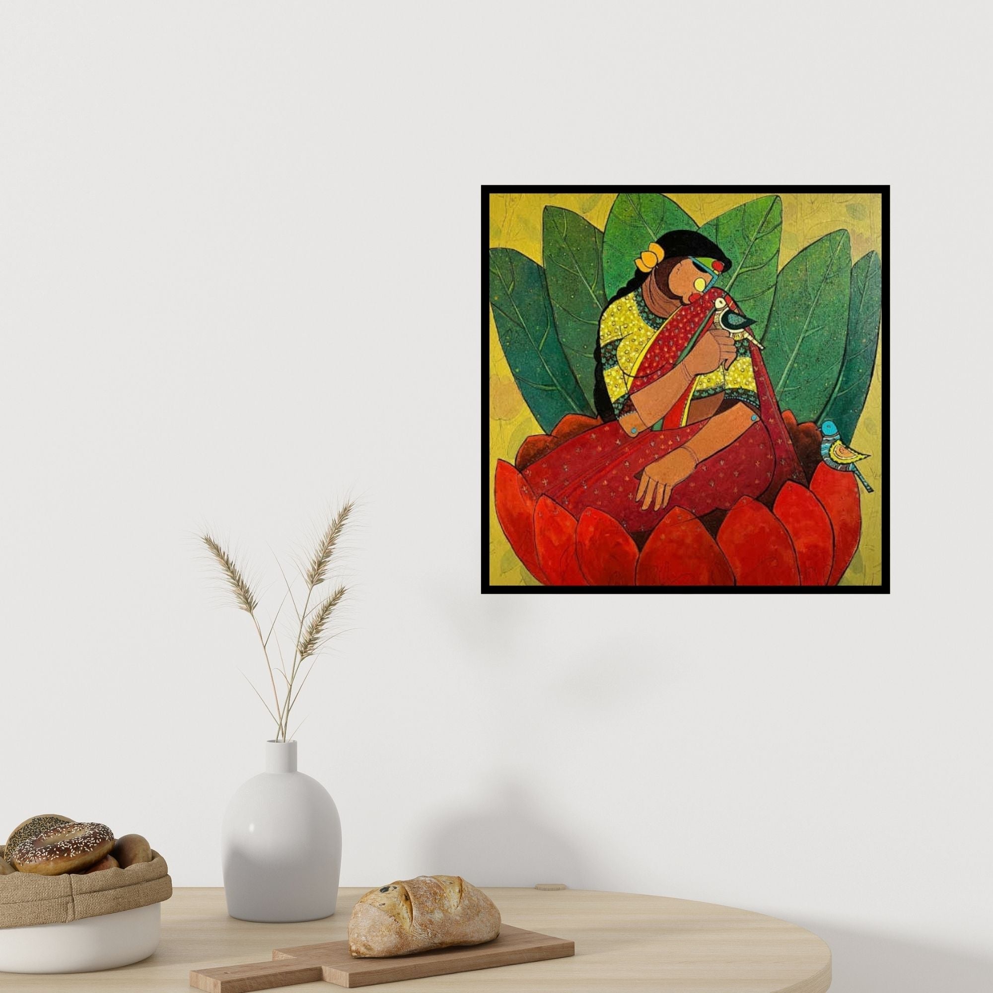 In-situ view of Priyanka Chivte's 'Fulrani (Serene Harmony**)' painting in a room