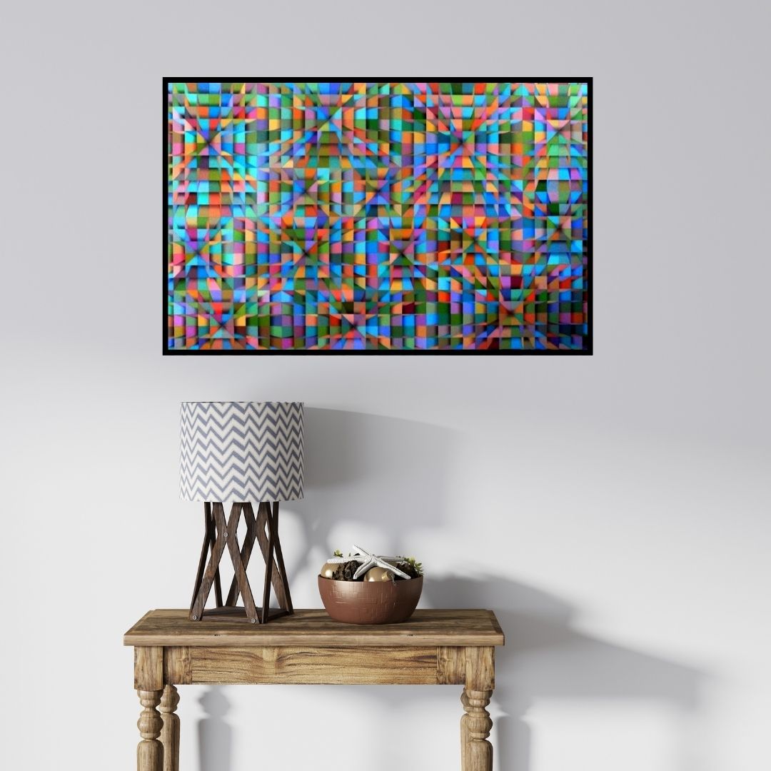 In-situ view of Samba Biswas's 'Fusion' painting in a room